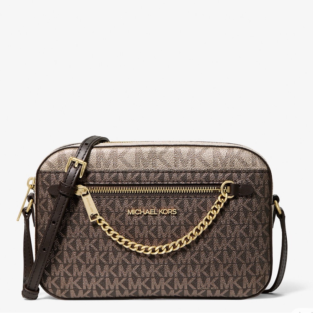 Michael Kors Signature Brown Crossbody Bag with Gold Chain